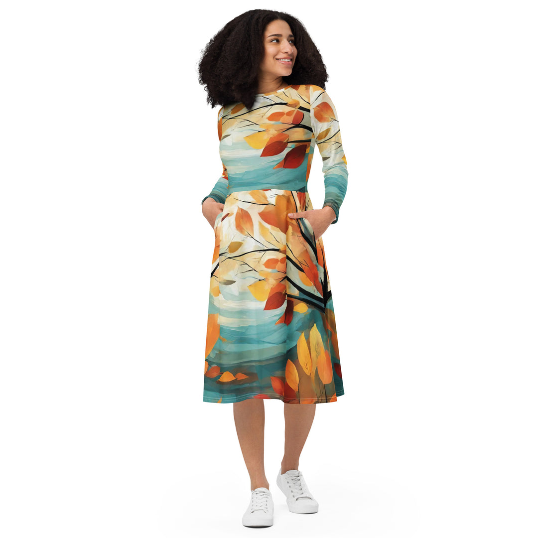 All-over print long sleeve midi dress - WhatUWant2Buy