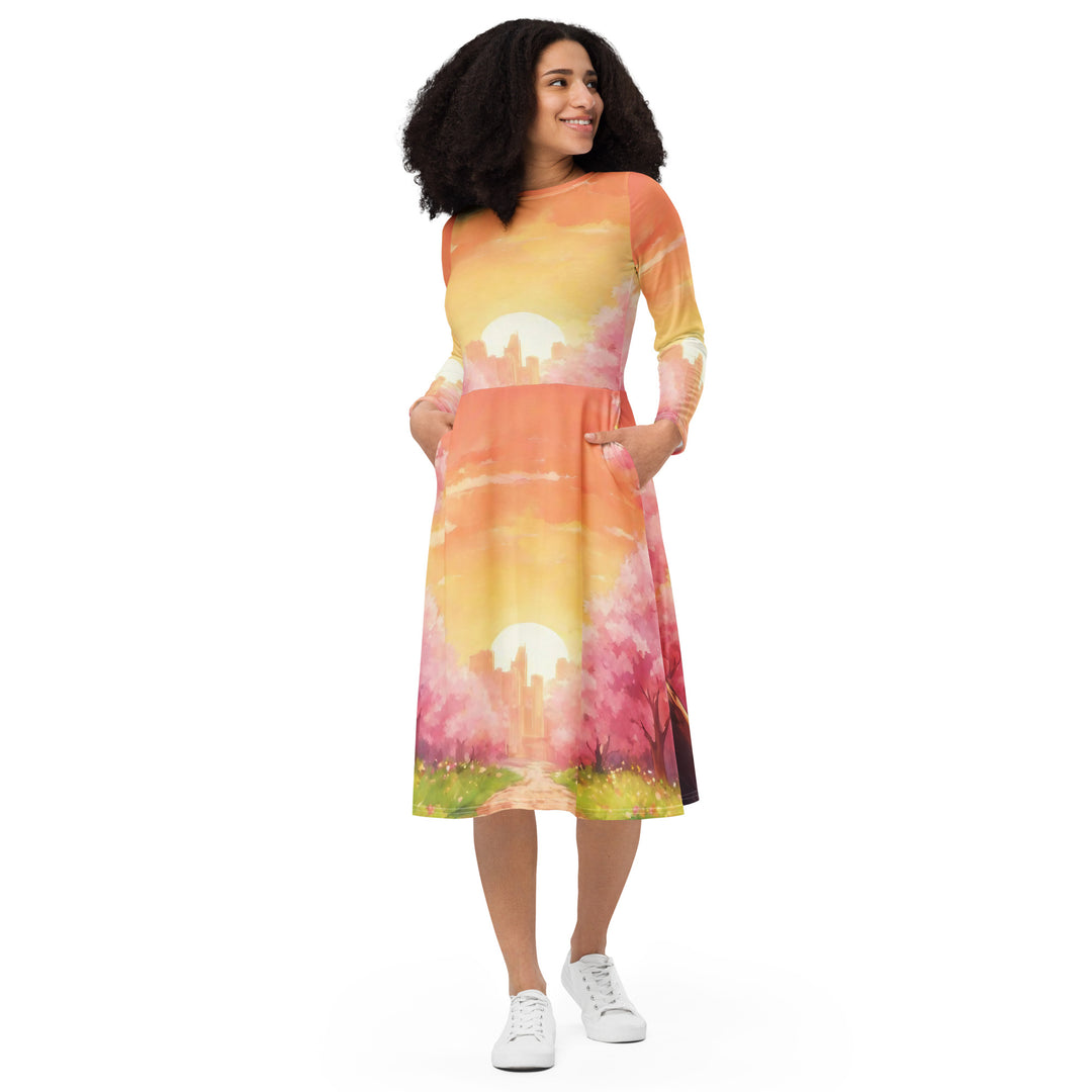 All-over print long sleeve midi dress - WhatUWant2Buy