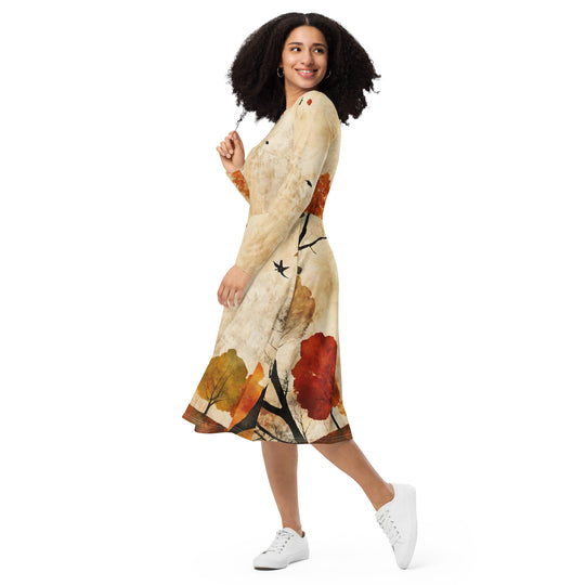All-over print long sleeve midi dress - WhatUWant2Buy