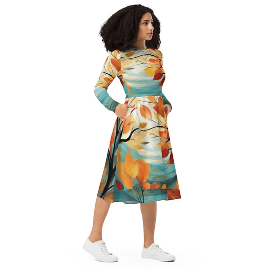 All-over print long sleeve midi dress - WhatUWant2Buy