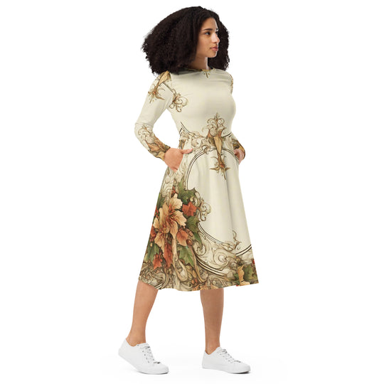 All-over print long sleeve midi dress - WhatUWant2Buy