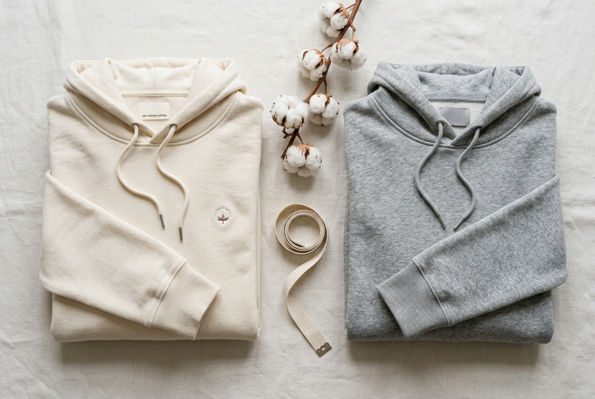 Two folded hoodies side by side on a linen surface, one cream and one heather grey, with cotton bolls between them.