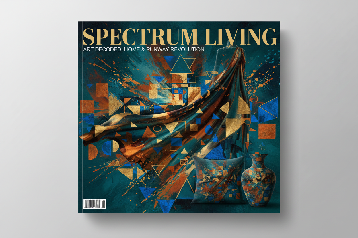 Magazine-style cover featuring AI-generated abstract art with geometric shapes, flowing fabric, and a decorative vase in teal, blue, and burnt orange — WhatUWant2Buy Abstract Art style guide