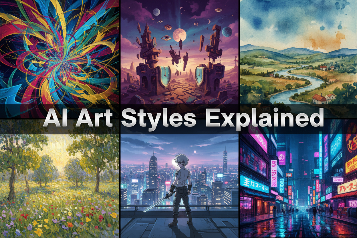 Collage of AI art style swatches including Abstract, Cyberpunk, Art Deco and Anime prints from WhatUWant2Buy