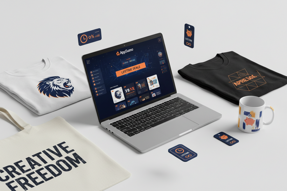 AppSumo lifetime deals dashboard displayed on a laptop, surrounded by print-on-demand products including a white t-shirt with a lion design, a black t-shirt, a tote bag reading "Creative Freedom", a mug, and AppSumo lifetime deal tags.