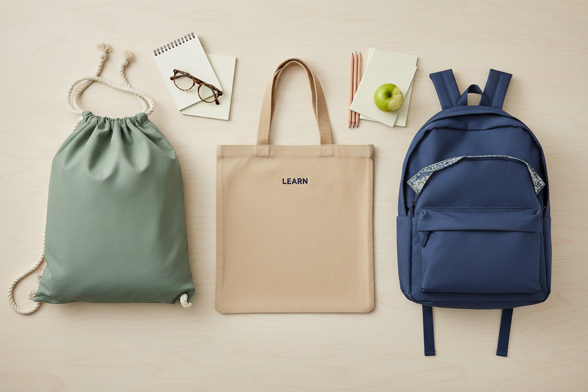 Flatlay of three school bag styles — green drawstring bag, beige tote bag, and blue backpack with school supplies