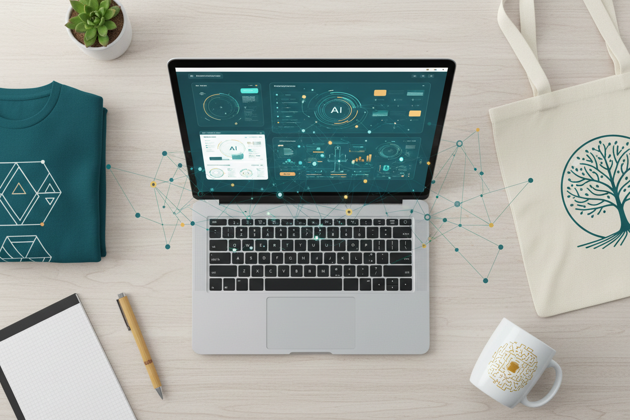 AI tools dashboard on laptop screen surrounded by print-on-demand products including a tote bag, t-shirt and mug