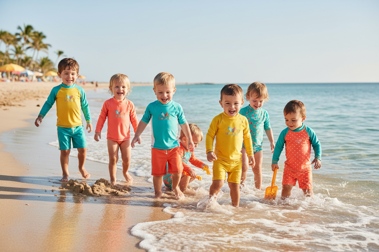 Group of young children wearing colourful long-sleeve rash guards playing on a sunny beach at the water's edge