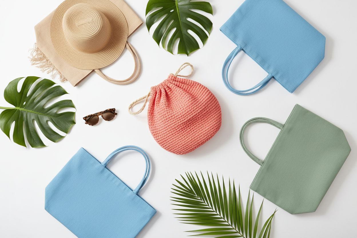 Flat lay of summer tote bags in blue and sage green with a coral knitted drawstring bag, straw sun hat, sunglasses, and tropical monstera and palm leaves on a white background