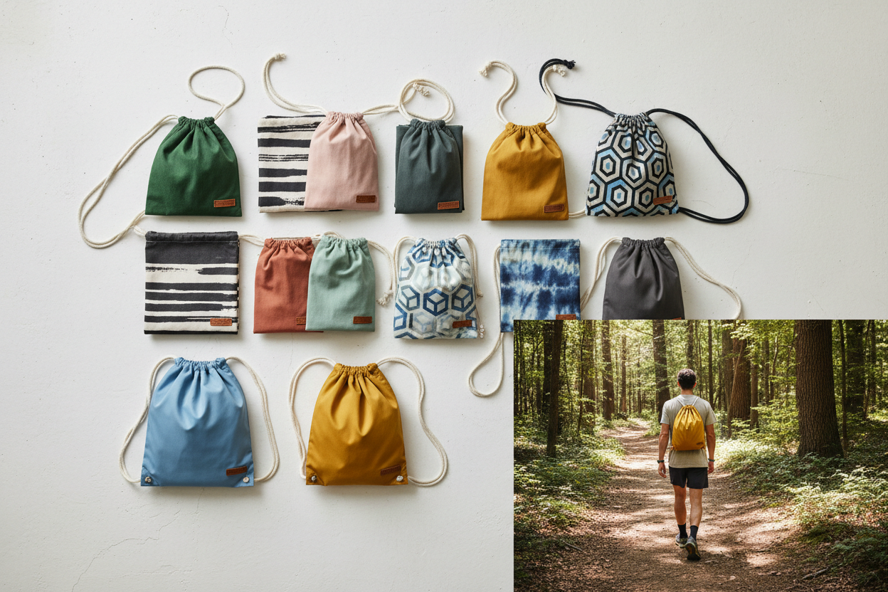 A flat-lay collection of colourful drawstring bags in various patterns and fabrics alongside a man wearing a yellow drawstring bag on a forest trail.