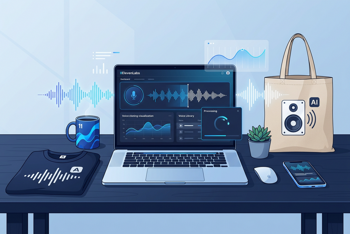 Laptop showing the ElevenLabs voice dashboard with sound waveforms, beside a blue mug, navy waveform t-shirt, tote bag with a speaker graphic, plant and phone on a dark desk