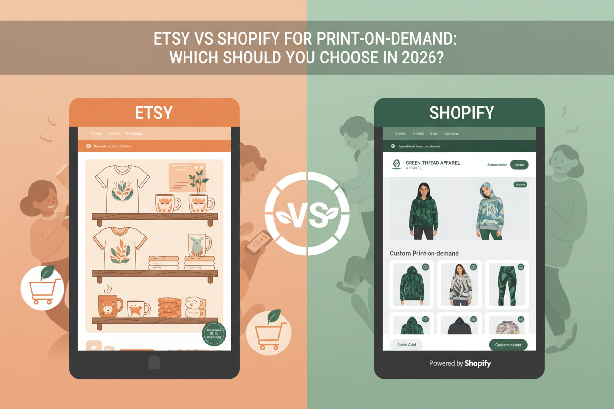 Side-by-side comparison of Etsy and Shopify interfaces for print-on-demand sellers, showing product listings on both platforms