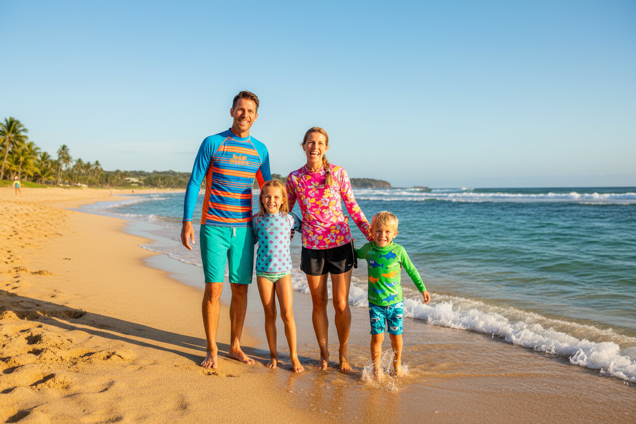 Family wearing rash guard swimwear together on a sunny beach
