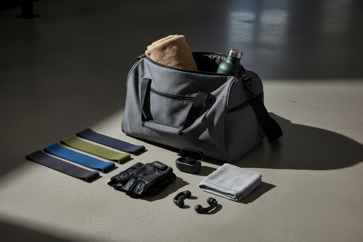 Grey gym bag packed with a towel and water bottle, surrounded by resistance bands, weightlifting gloves, wireless earbuds and a small towel laid out on a gym floor
