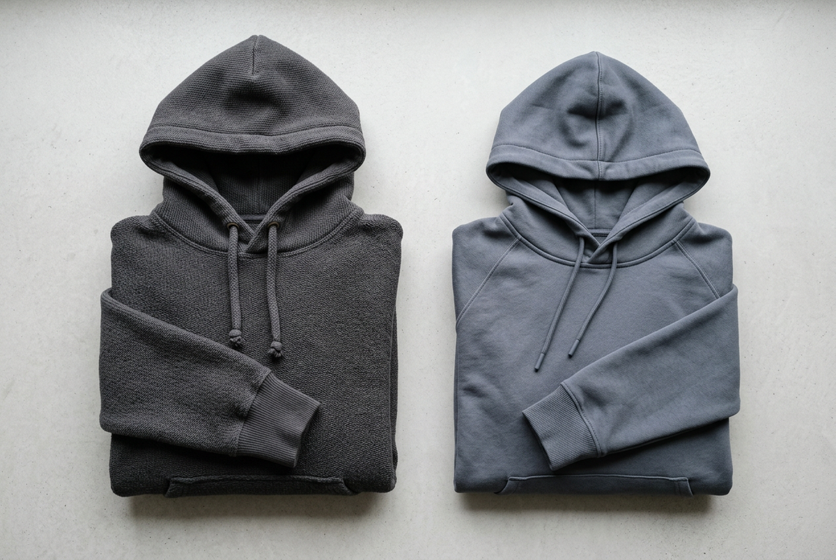 Two folded grey hoodies side by side on a light surface, a thick heavyweight hoodie on the left and a lighter midweight hoodie on the right
