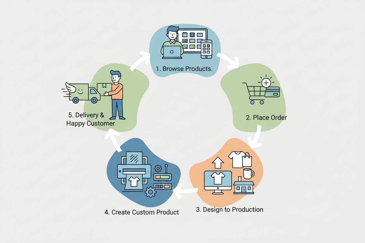 Behind the scenes of print on demand — a T-shirt being printed with an AI-generated all-over design, showing how WhatUWant2Buy makes products to order