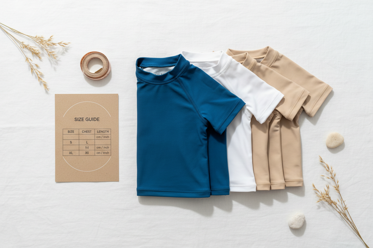 Three folded rash guards in blue, white and beige displayed alongside a size guide card and measuring tape — illustrating how to choose the right rash guard size for the perfect fit
