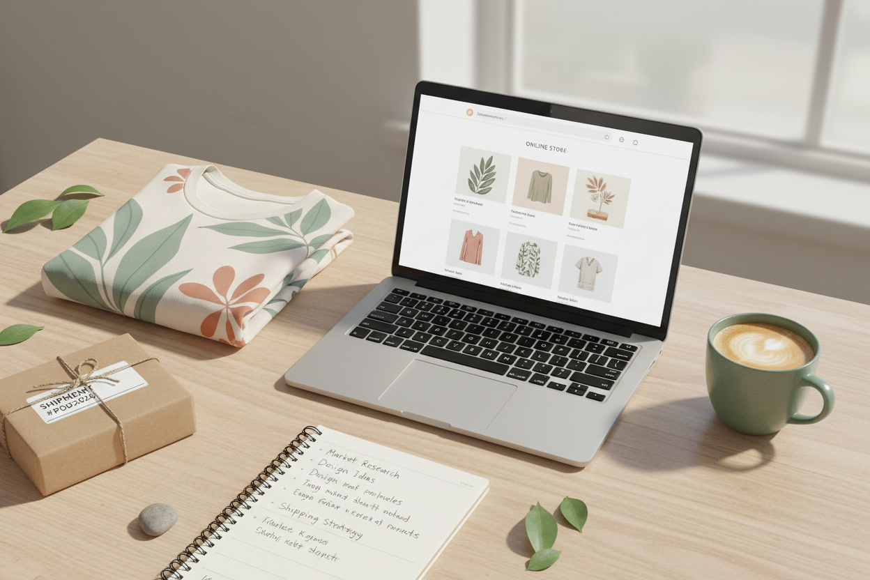 Flat lay of a folded print-on-demand sweatshirt with a floral design, a laptop showing an online store, a shipping box, a notebook with planning notes, and a coffee cup on a wooden desk.