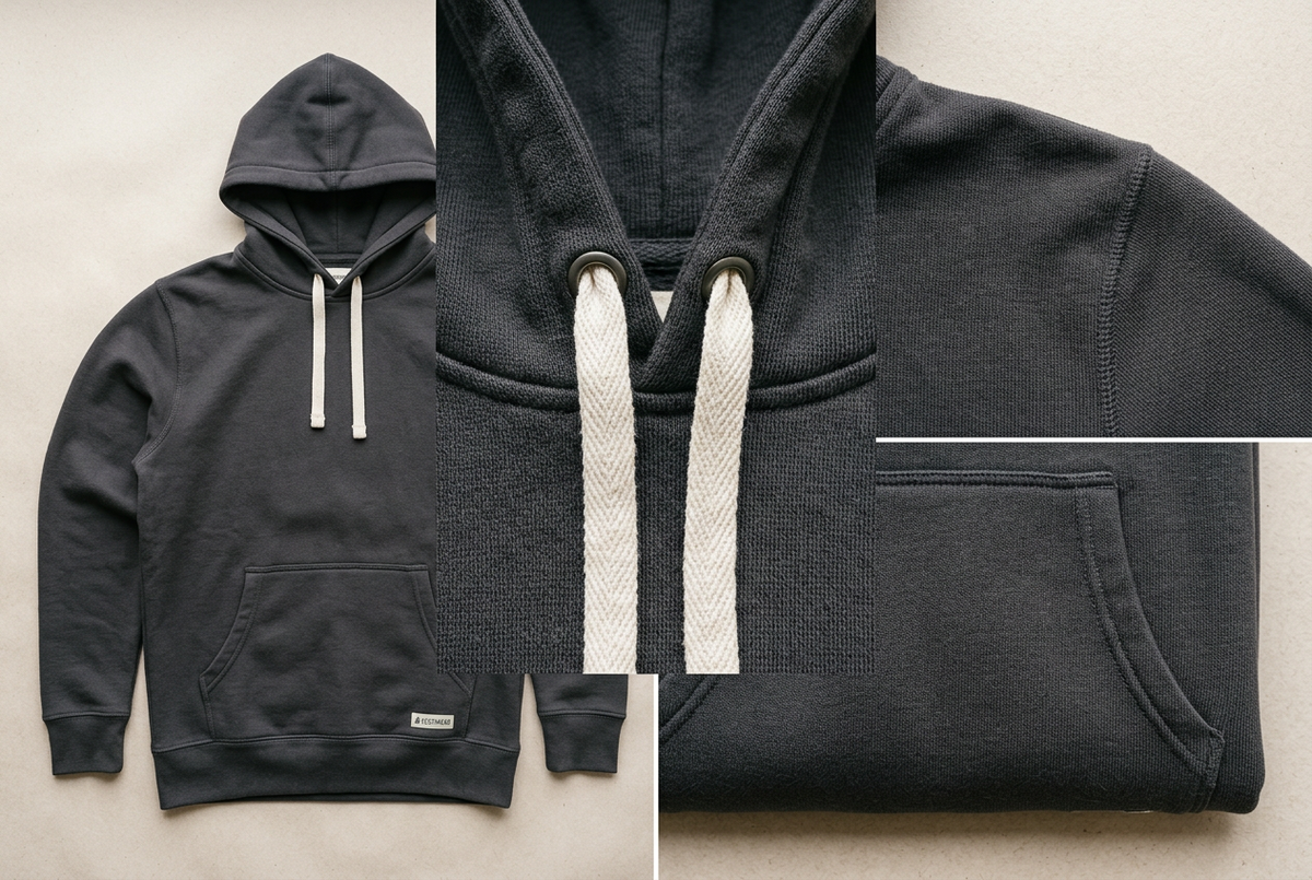 Charcoal grey hoodie with cream drawcords, shown flat with close-ups of the double-layer hood, metal eyelets, neat shoulder stitching and front pocket.