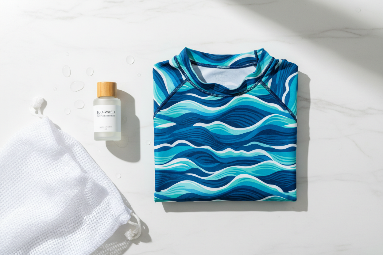 Folded blue wave-print rash guard laid flat on a marble surface next to an eco-wash detergent bottle and a white mesh laundry bag, with water droplets scattered around — illustrating how to wash and care for a rash guard properly.
