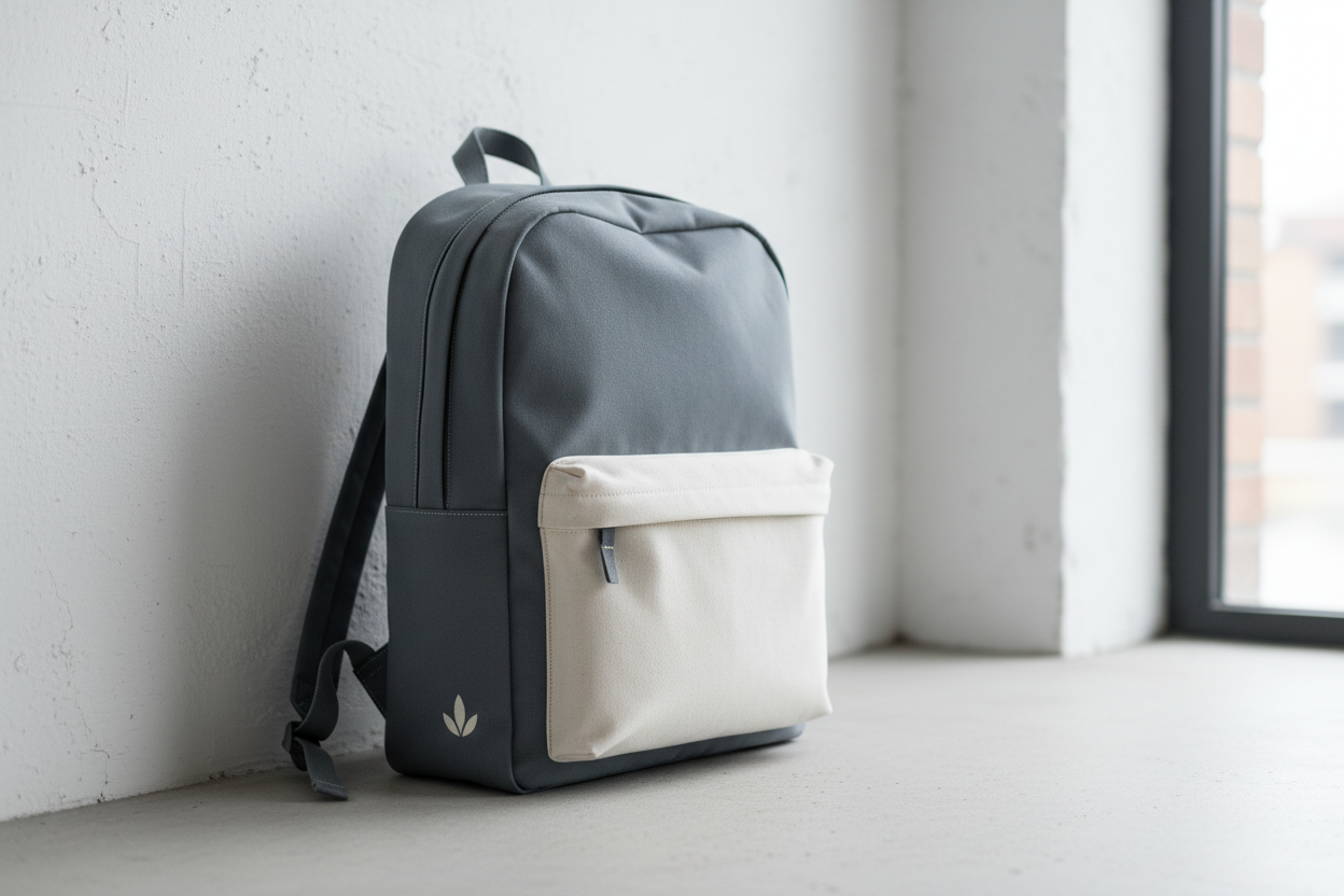 A clean, minimal grey and cream backpack leaning against a white wall in a bright, modern room