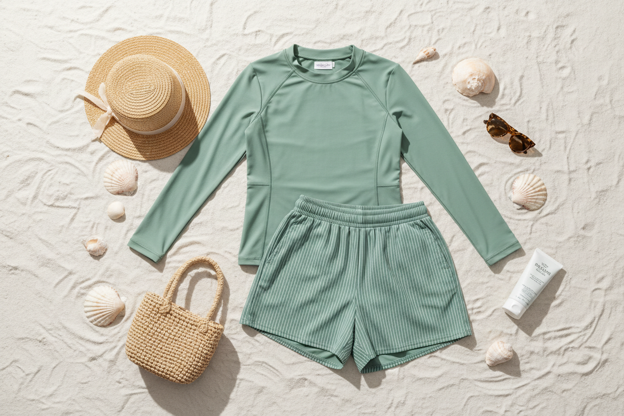 Flatlay of a sage green long-sleeve rash guard and matching striped swim shorts on white sand, styled with a straw hat, woven bag, sunglasses and seashells — modest swimwear outfit combination