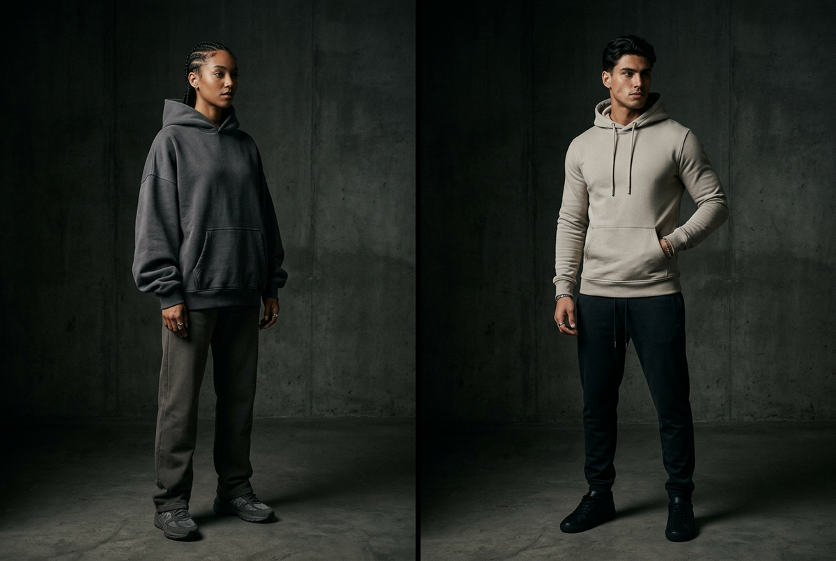 Two people side by side in a dark concrete studio: a woman in a charcoal oversized hoodie with loose trousers, and a man in a fitted beige hoodie with black joggers.