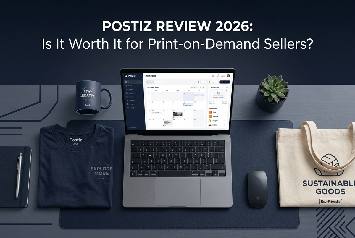 Laptop showing the Postiz social media scheduling calendar on a desk, surrounded by print-on-demand products including a mug, t-shirt and tote bag, with the title Postiz Review 2026.