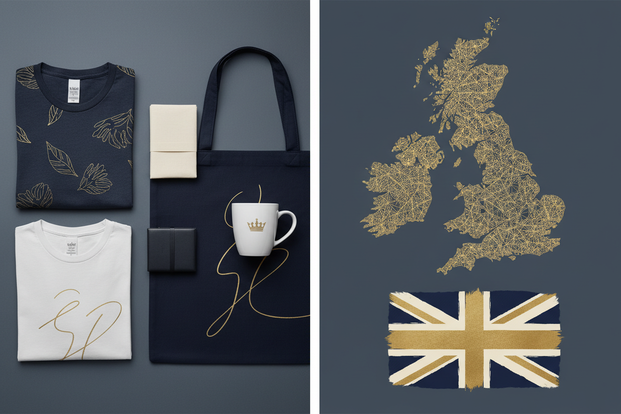 Split image showing print-on-demand products including folded t-shirts, a tote bag, mug, and notebooks on a dark background alongside a gold geometric map of the UK and a Union Jack flag in navy and gold, representing UK print-on-demand selling.