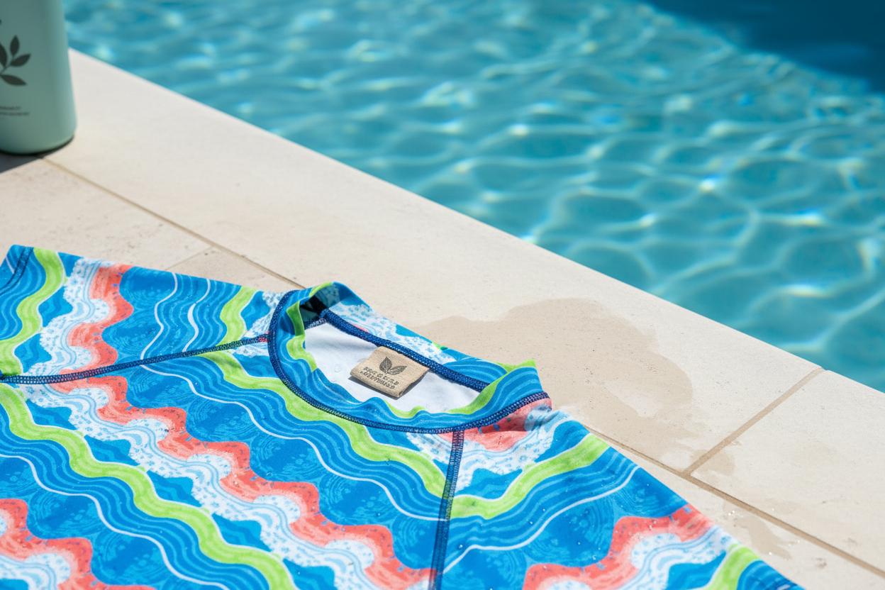 Colourful patterned rash guard laid flat on a pool edge with sparkling blue water in the background