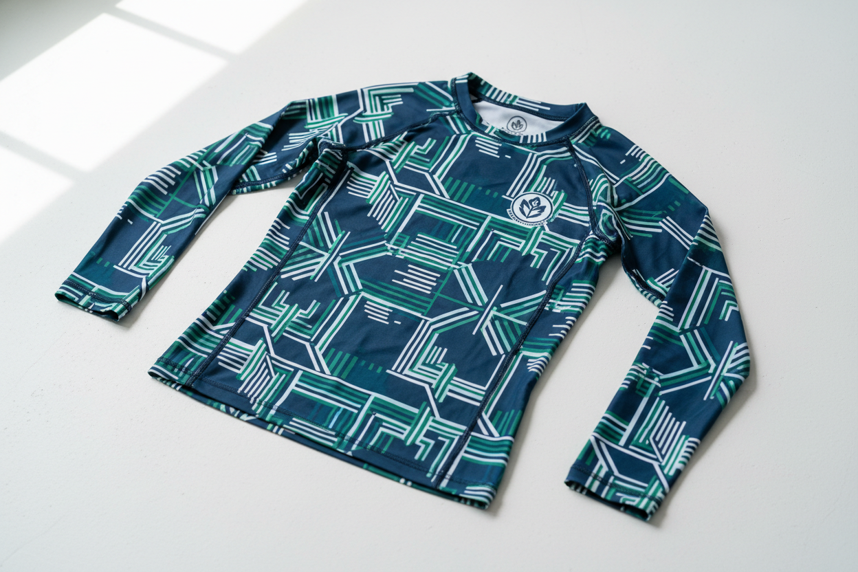 Women's long sleeve rash guard in Architectural art style — navy, teal and white geometric line pattern with WhatUWant2Buy logo