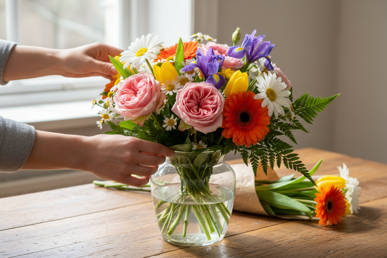 Freddie's Flowers bouquet arrangement in a home setting