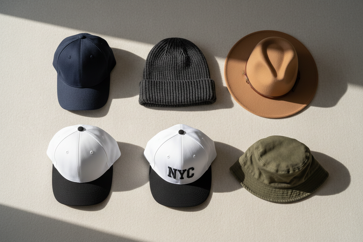 Flat lay of six hat styles on a neutral background — navy baseball cap, grey ribbed beanie, tan wide-brim hat, two white and black snapbacks, and an olive bucket hat.