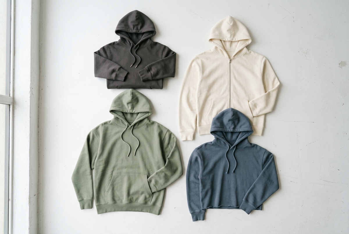 Four plain hoodies laid flat on a white wall: a charcoal pullover, a cream zip hoodie, a sage green pullover and a slate blue cropped hoodie.