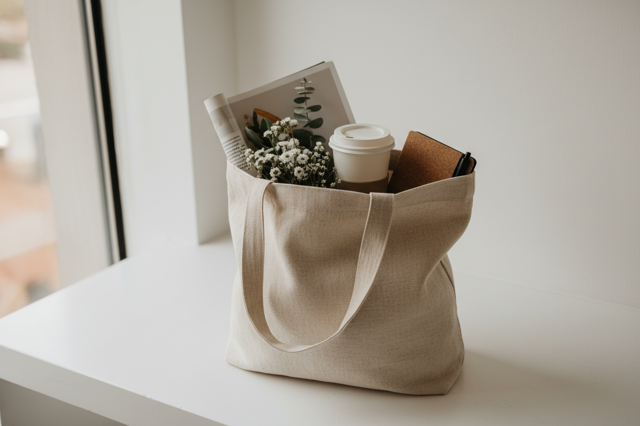 A natural linen tote bag filled with flowers, a coffee cup, a magazine, and a notebook, sitting on a white windowsill