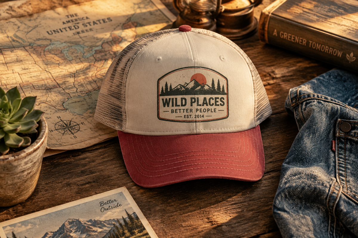 Cream and red trucker cap with a "Wild Places, Better People" mountain graphic, displayed on a wooden surface with a vintage map and denim jacket.
