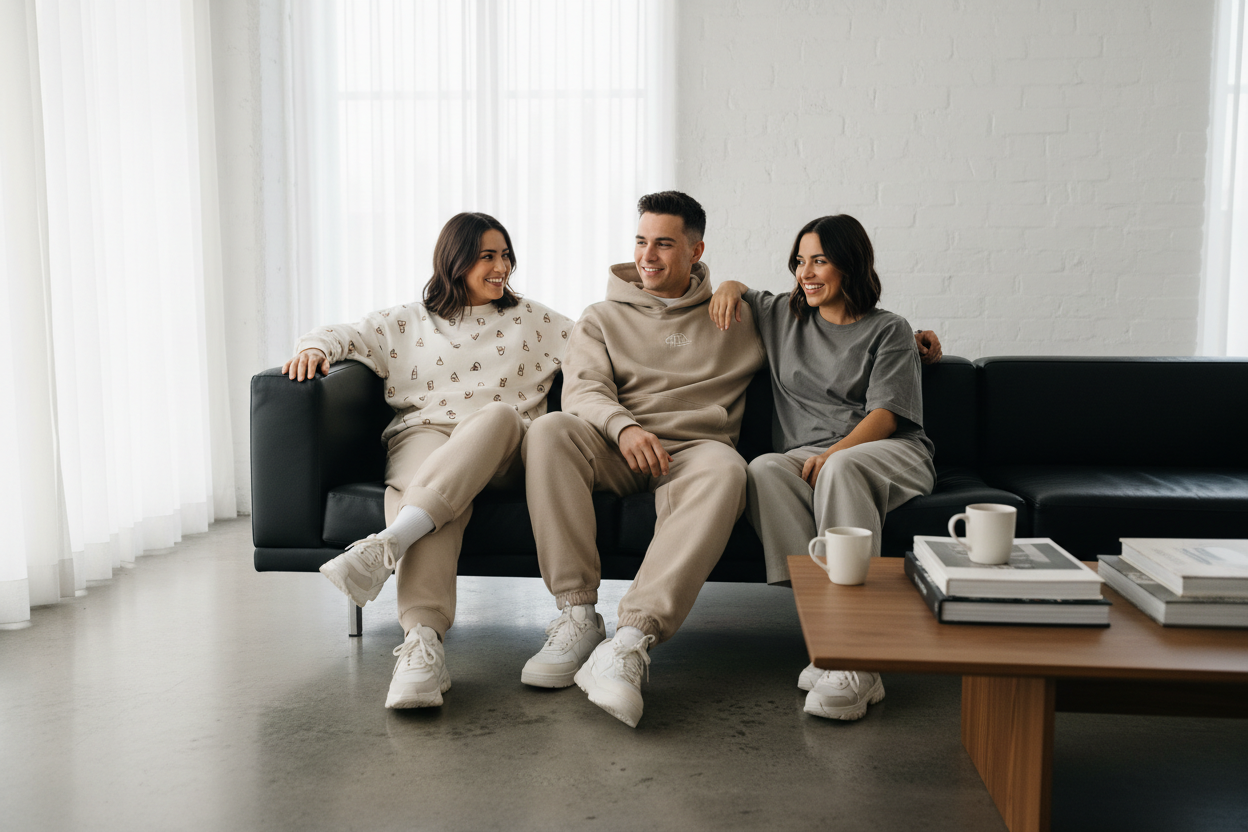 Group wearing unisex hoodies, sweatshirts and T‑shirts in a casual everyday setting