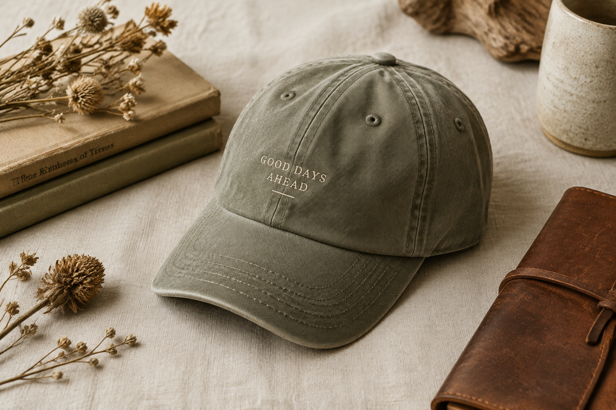 Washed olive green vintage cotton twill cap embroidered with "Good Days Ahead", resting on linen beside dried flowers, old books and a leather journal