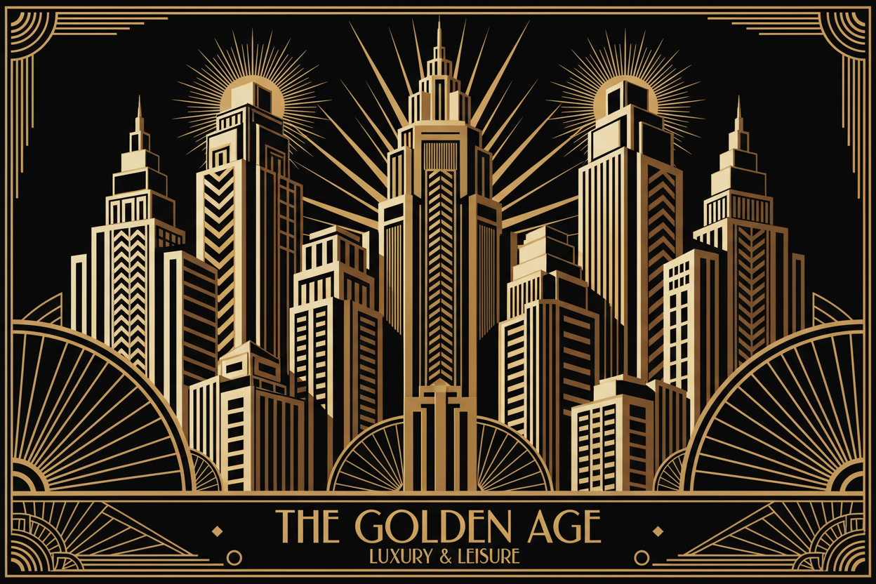 Art Deco style illustration of a golden city skyline with towering skyscrapers, sunburst rays and geometric patterns on a black background, with the text "The Golden Age – Luxury & Leisure"
