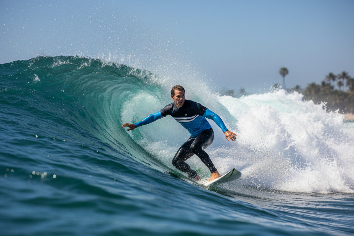 Surfer riding a wave in a rash guard, demonstrating how a rash guard stays in place during water sports