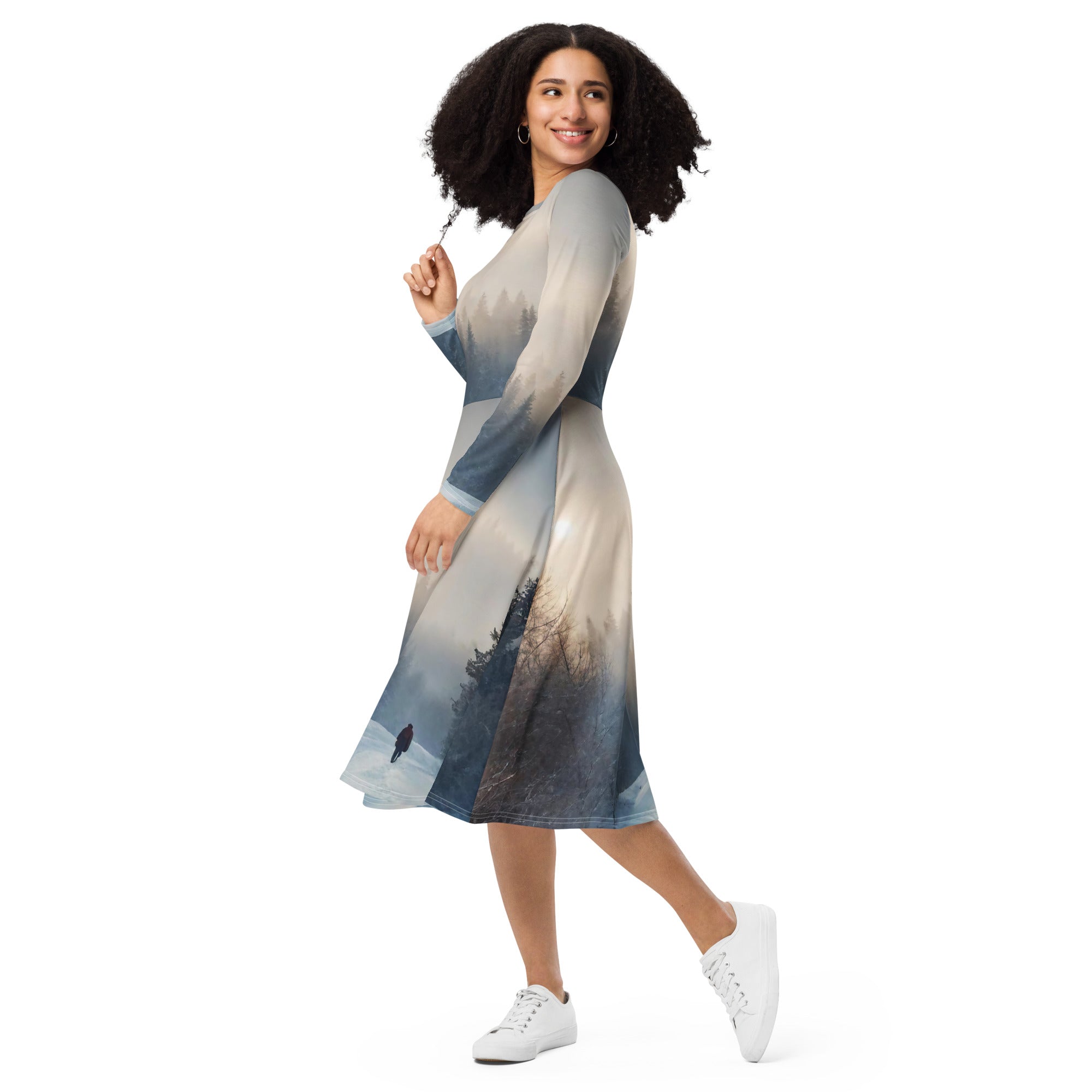 All-over print long sleeve midi dress