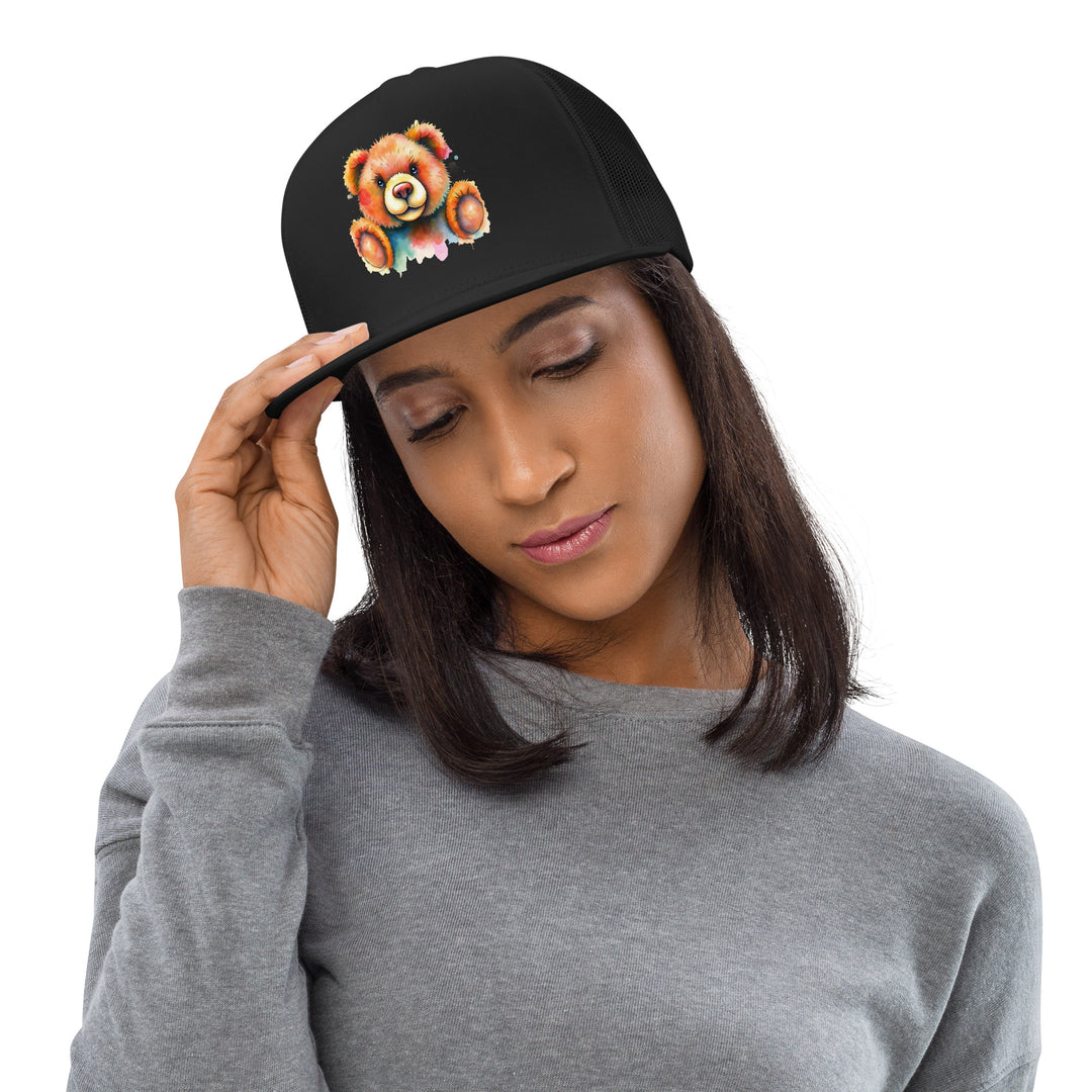 Teddy Bear Watercolor Trucker Cap | Everyday AI-Designed 6 - Black