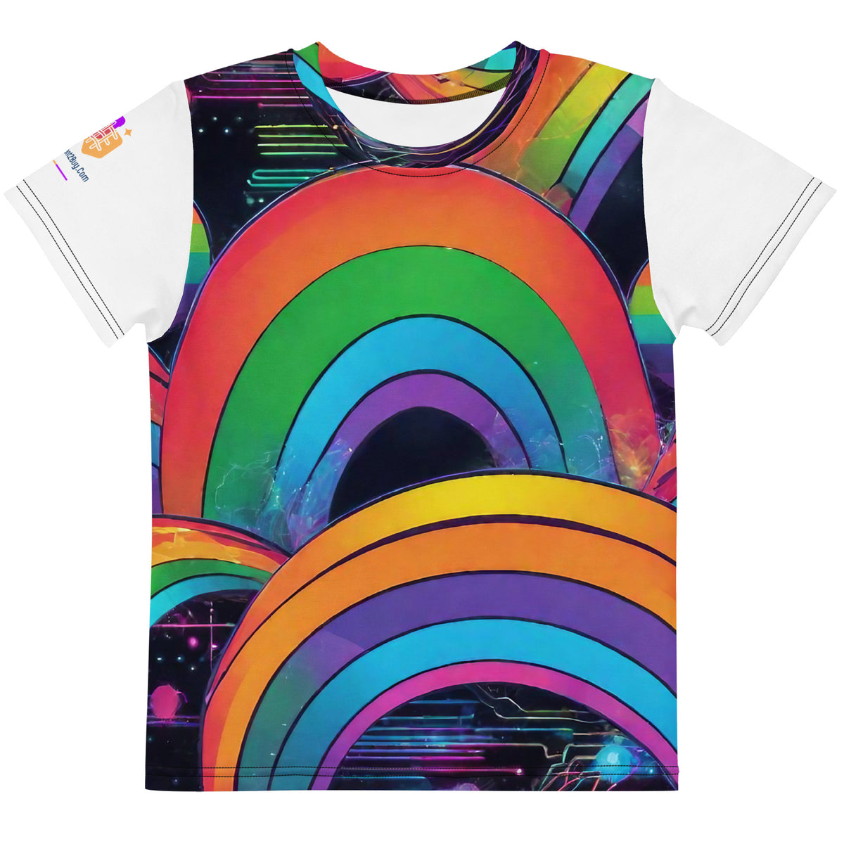 Cyberpunk Rainbow Kids Crew Neck T-Shirt, Everyday AI-Designed 190, main view