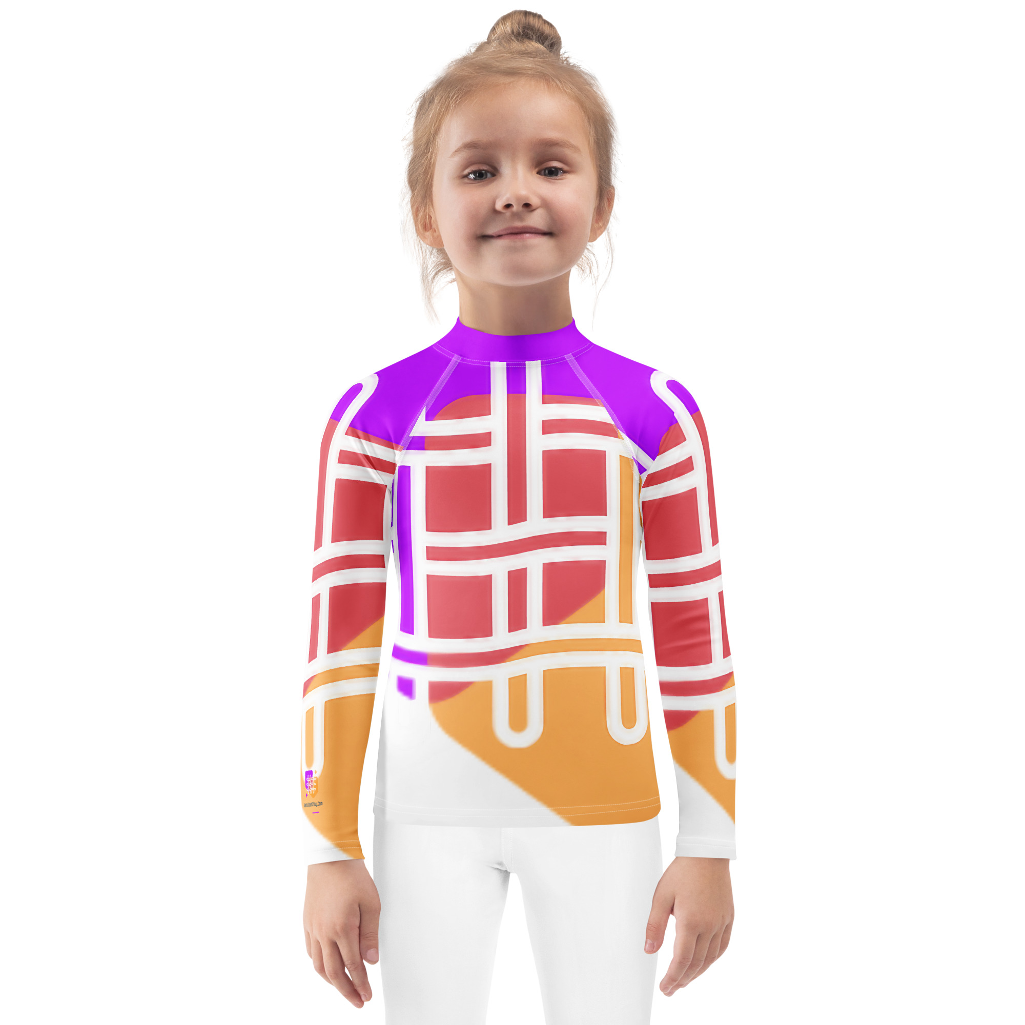 WhatUWant2Buy Kids Rash Guard — Logo UV-Protection Collection — front view showing WhatUWant2Buy logo print