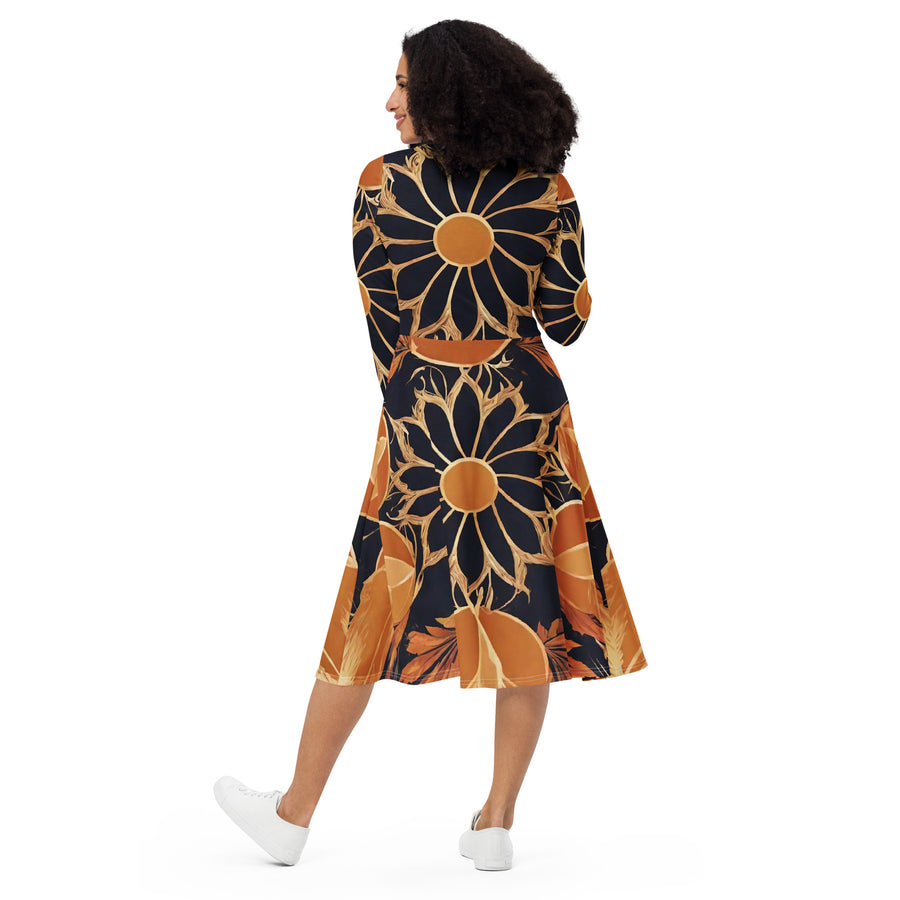 All-over print long sleeve midi dress - WhatUWant2Buy