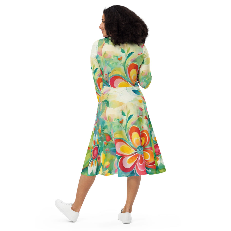 All-over print long sleeve midi dress - WhatUWant2Buy