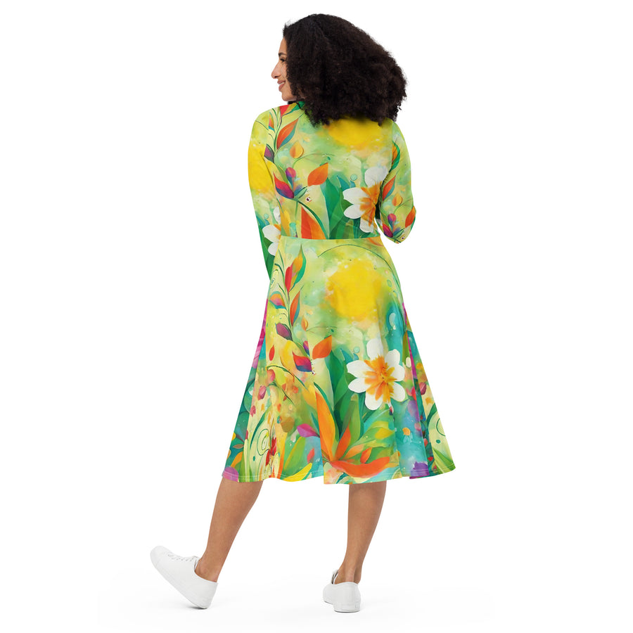 All-over print long sleeve midi dress - WhatUWant2Buy