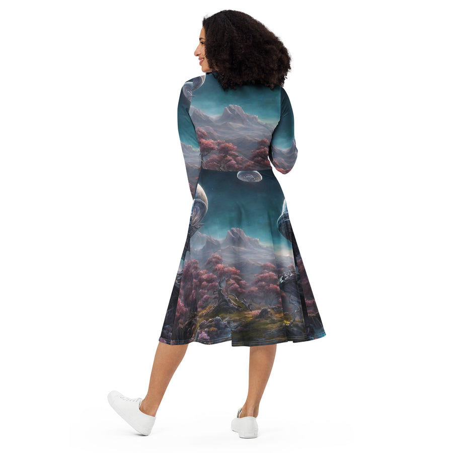 All-over print long sleeve midi dress - WhatUWant2Buy