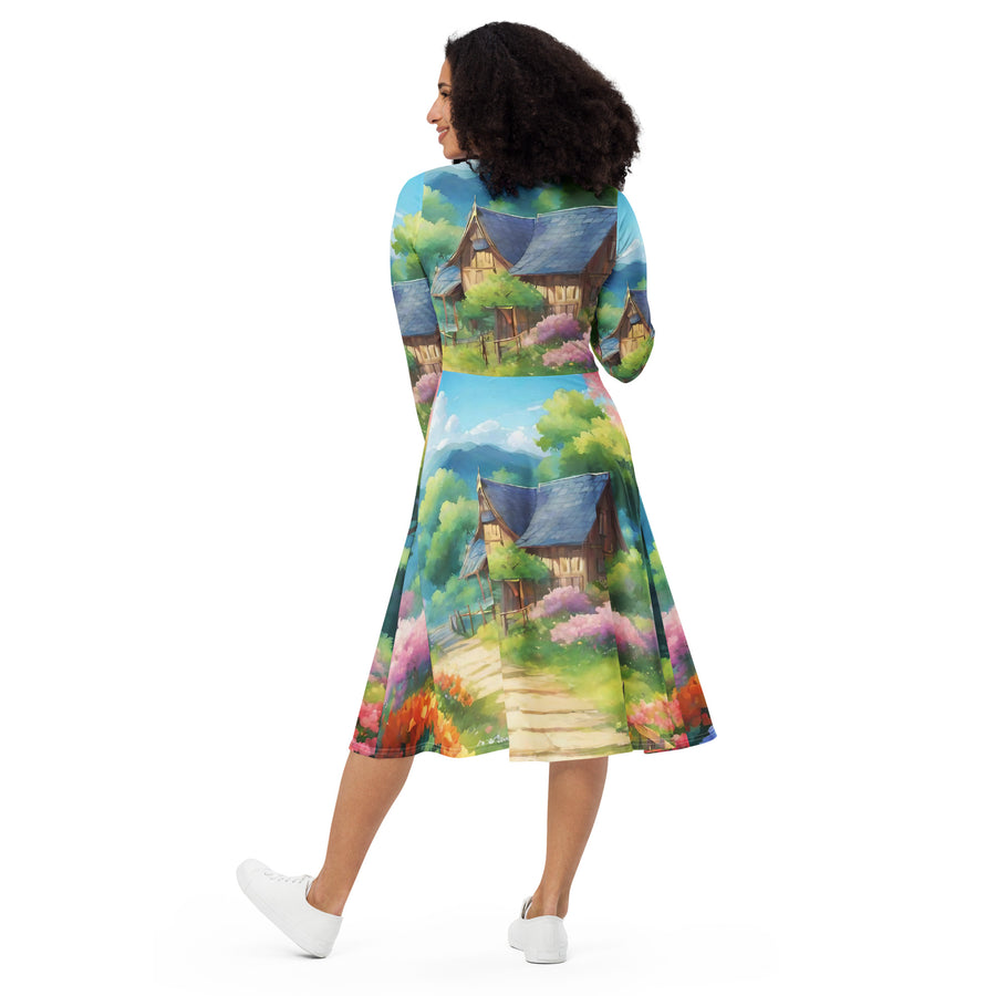 All-over print long sleeve midi dress - WhatUWant2Buy