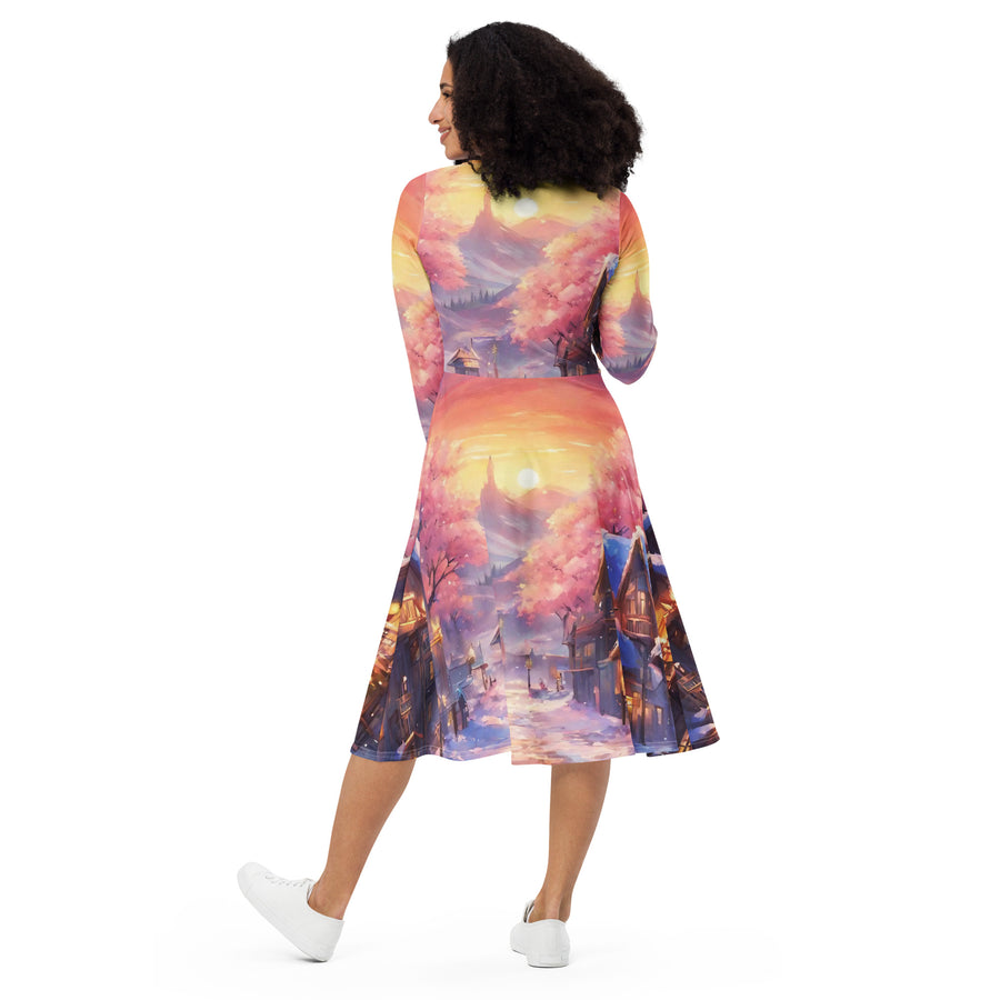 All-over print long sleeve midi dress - WhatUWant2Buy